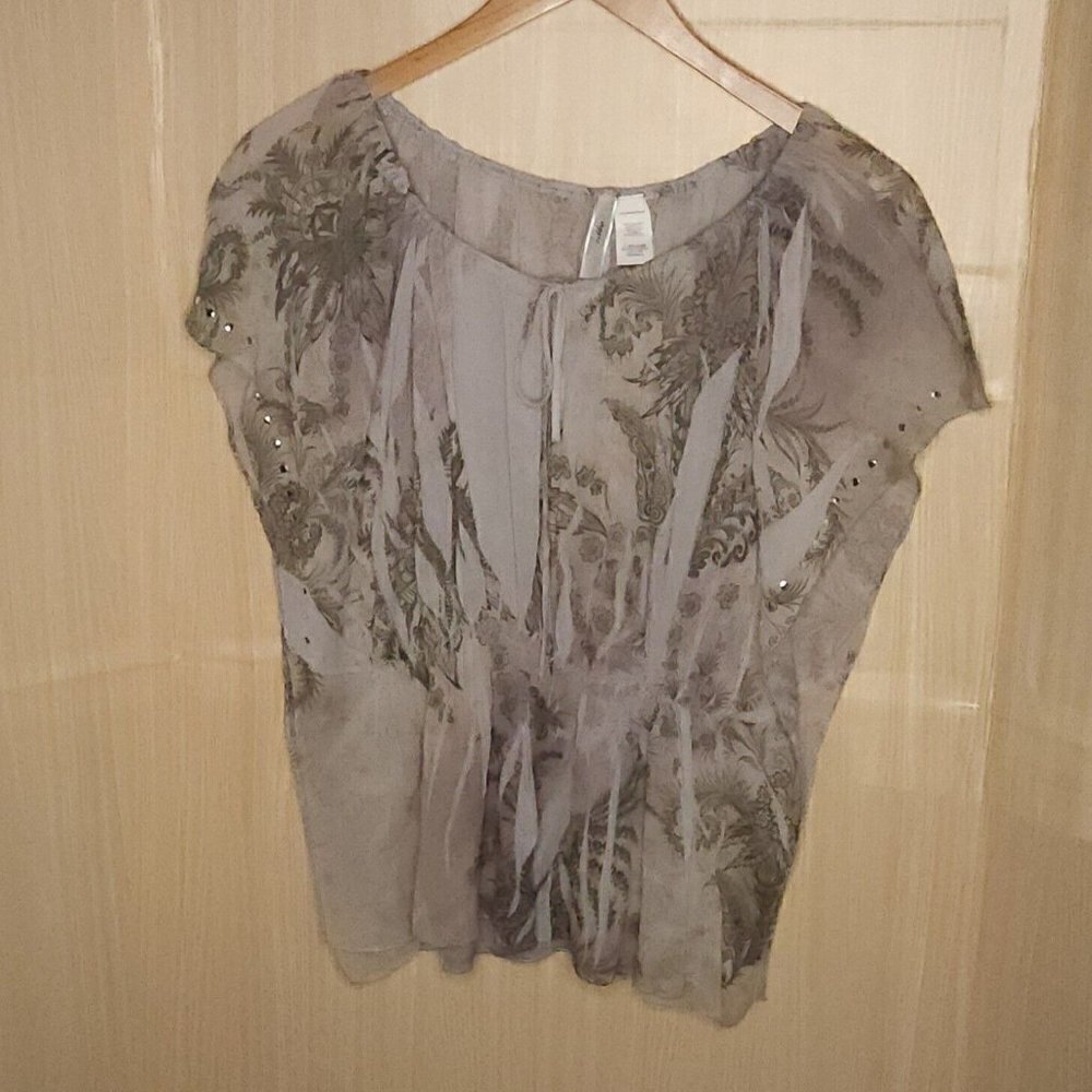 Aggie Womens Grey Gauzy Sheer Studded Oversized Blouse Small